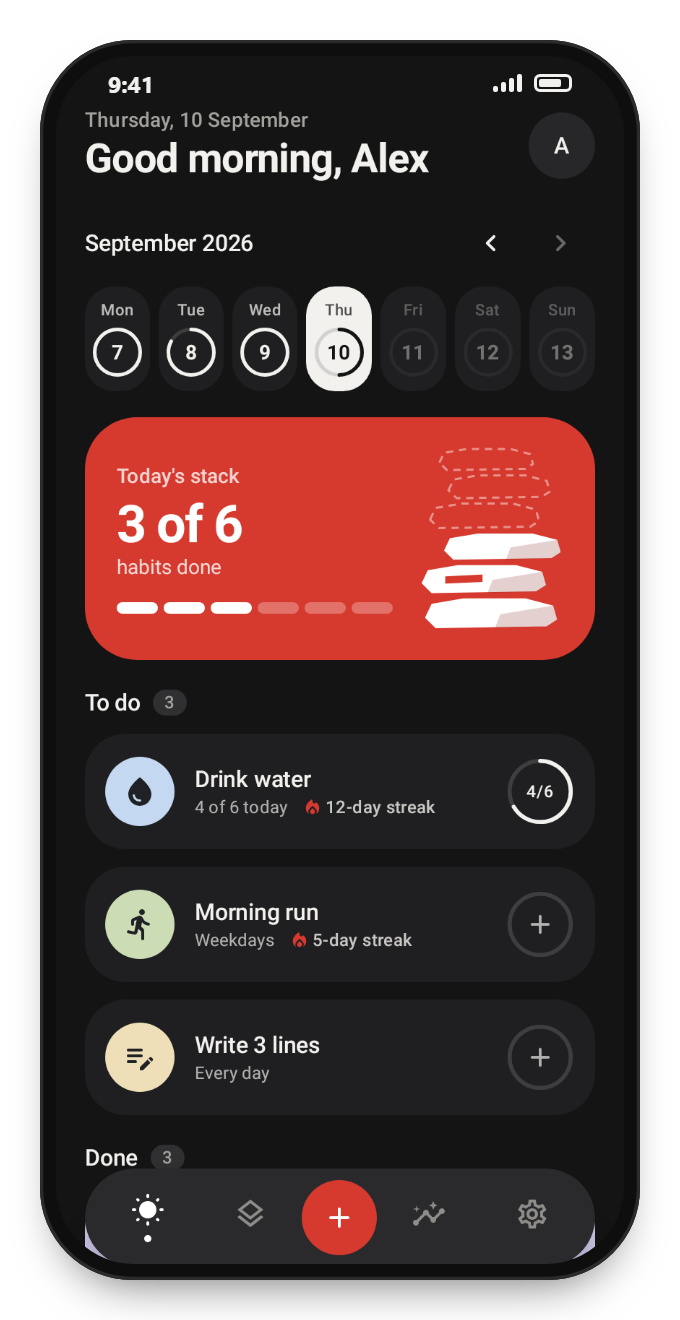 Cairn Today screen in the dark theme