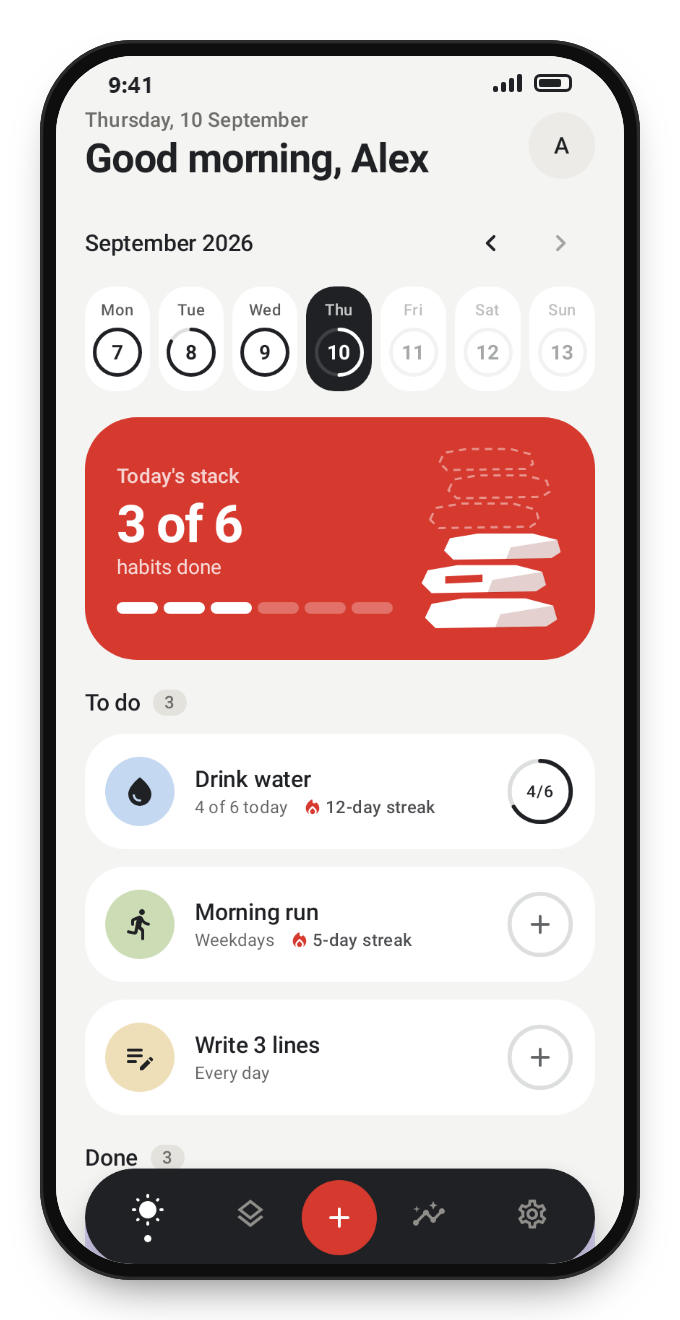 Cairn Today screen in the light theme, with the week strip, today's progress and the habit list